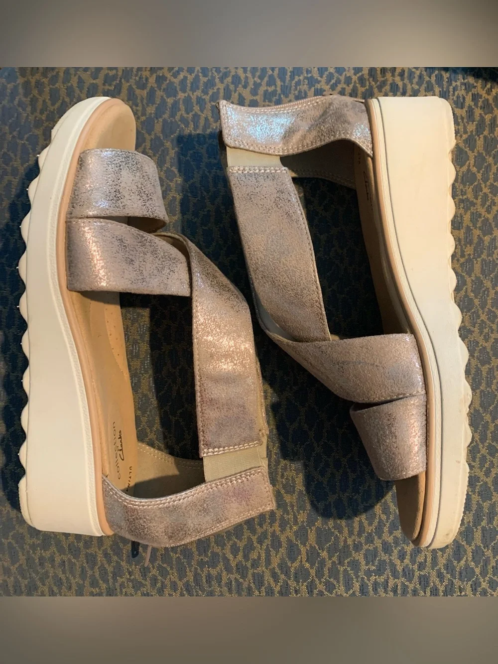Clarks golden gray chrome suede wedge sandals
